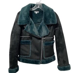 Harper & Lex Faux Shearling Aviator Jacket – Black & Teal – Size Small